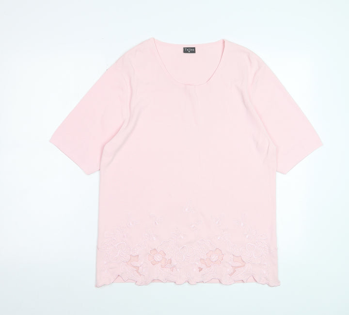 Talisa Women Pink Embroidered Short Sleeve Knit T-Shirt XL
