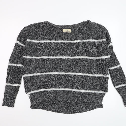 Hollister Womens Grey Striped Chunky-Knit Pullover Jumper Small