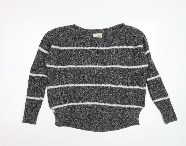 Hollister Womens Grey Striped Chunky-Knit Pullover Jumper Small