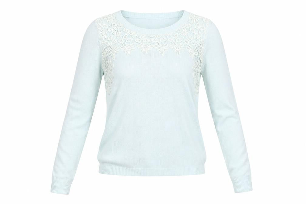 Front view of Marks & Spencer women’s blue crew neck embroidered jumper, size UK 12
