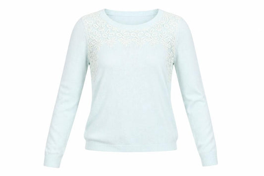 Front view of Marks & Spencer women’s blue crew neck embroidered jumper, size UK 12