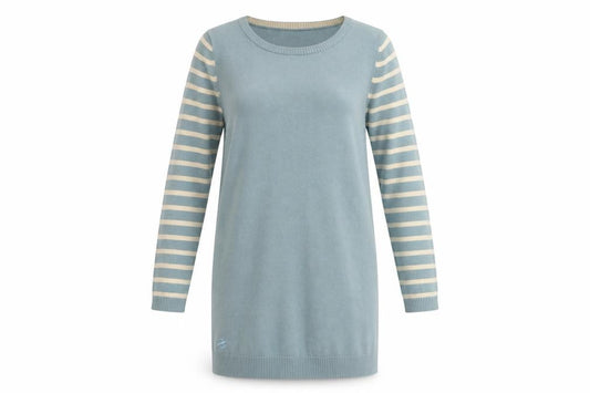 Front view of Brakeburn Women's Blue Striped Jumper Dress, size 8, Knitwear Casual