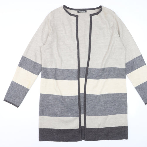 Bonmarché Women's Grey Striped Long Sleeve Open Knit Cardigan M