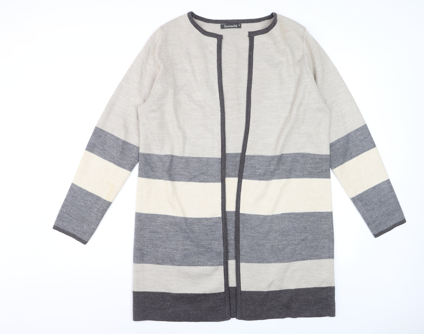 Bonmarché Women's Grey Striped Long Sleeve Open Knit Cardigan M