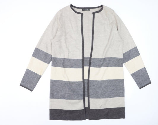 Bonmarché Women's Grey Striped Long Sleeve Open Knit Cardigan M