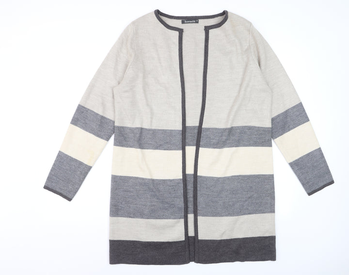 Bonmarché Women's Grey Striped Long Sleeve Open Knit Cardigan M