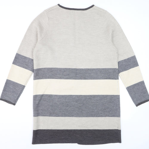 Bonmarché Women's Grey Striped Long Sleeve Open Knit Cardigan M