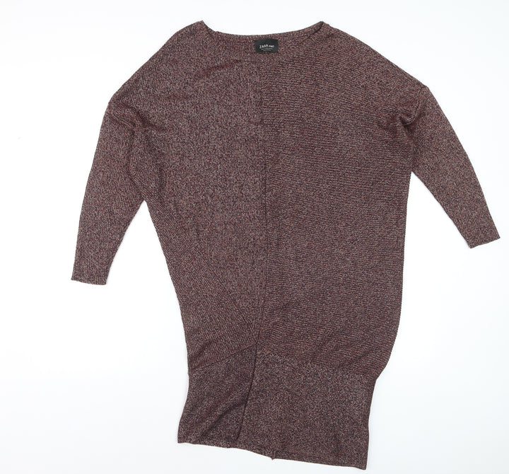 Zara Women Brown Knit Jumper Dress Size 12 Long Sleeve Viscose Blend