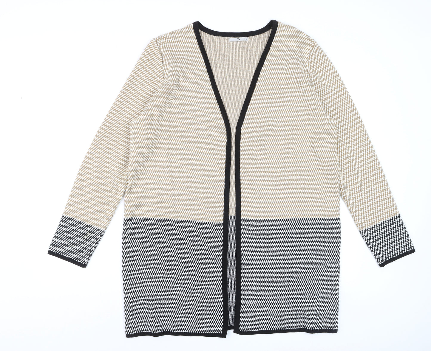 Tu Women’s Beige Black Cardigan Size 14 Knit Long Sleeve Open Front
