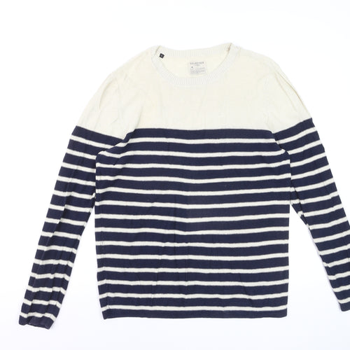 Selected Homme Men's Blue Striped Linen Cotton Crew Neck Jumper Size L