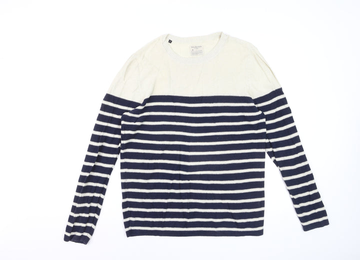 Selected Homme Men's Blue Striped Linen Cotton Crew Neck Jumper Size L