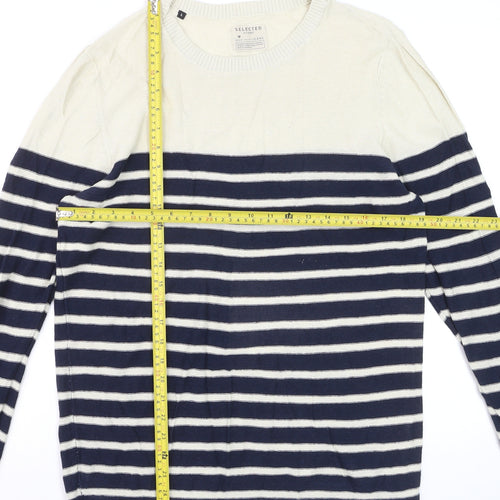 Selected Homme Men's Blue Striped Linen Cotton Crew Neck Jumper Size L