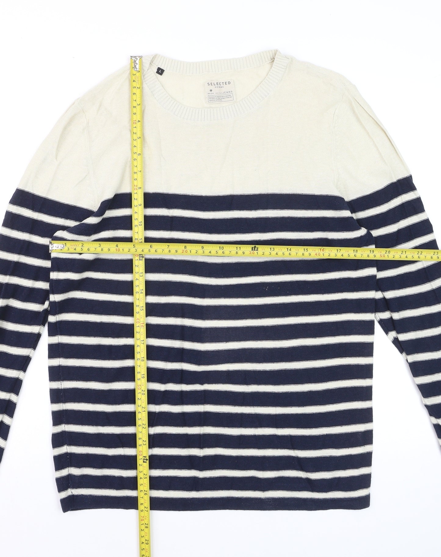 Selected Homme Men's Blue Striped Linen Cotton Crew Neck Jumper Size L