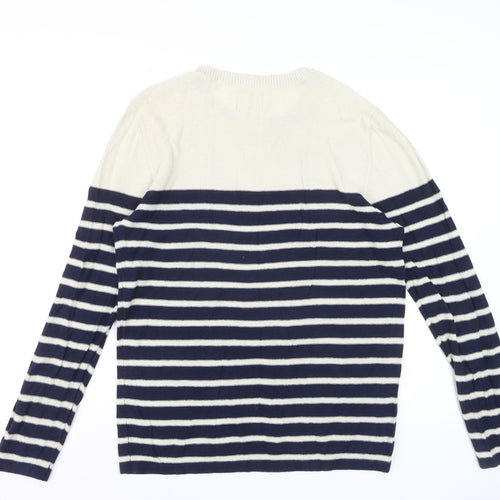 Selected Homme Men's Blue Striped Linen Cotton Crew Neck Jumper Size L