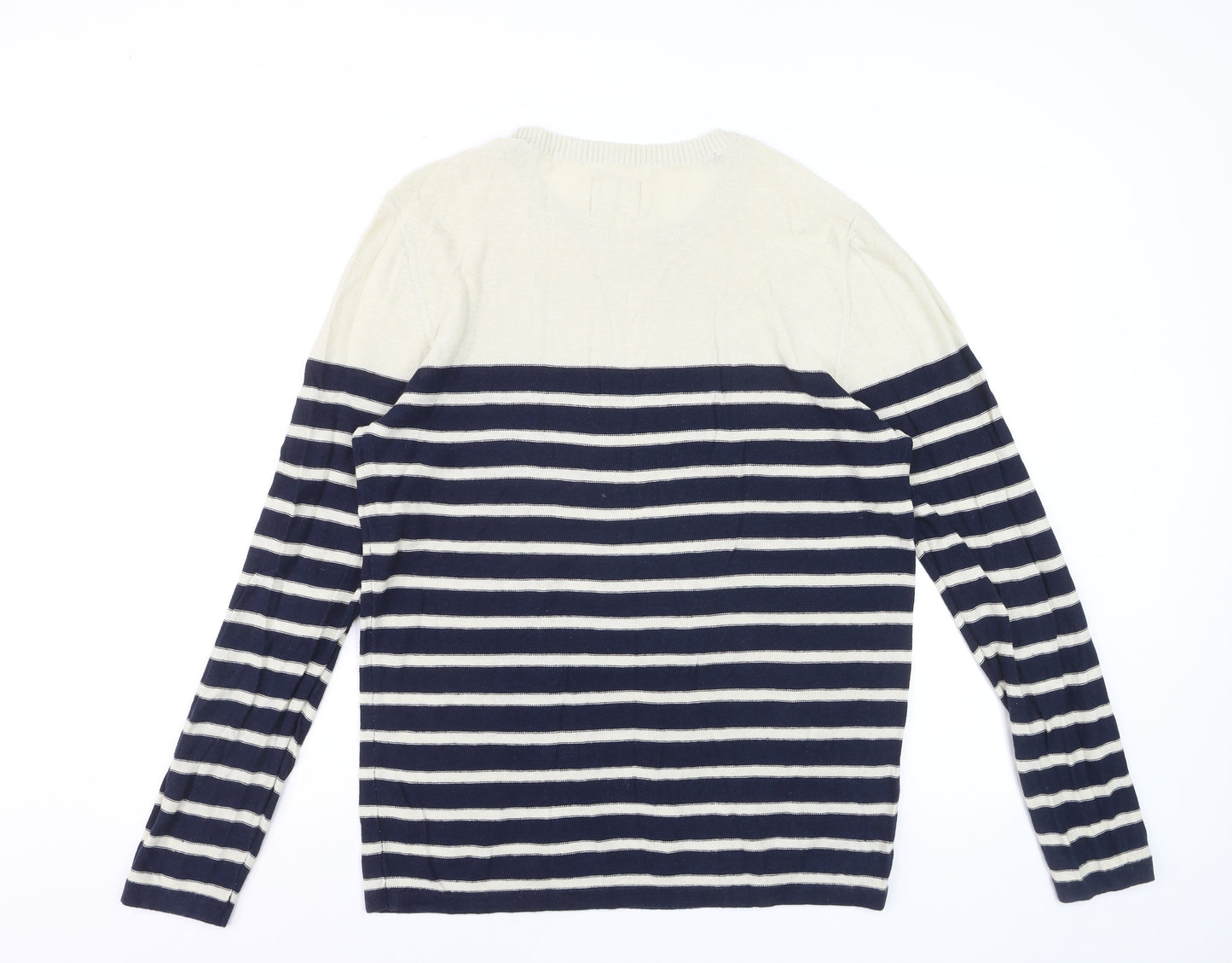 Selected Homme Men's Blue Striped Linen Cotton Crew Neck Jumper Size L