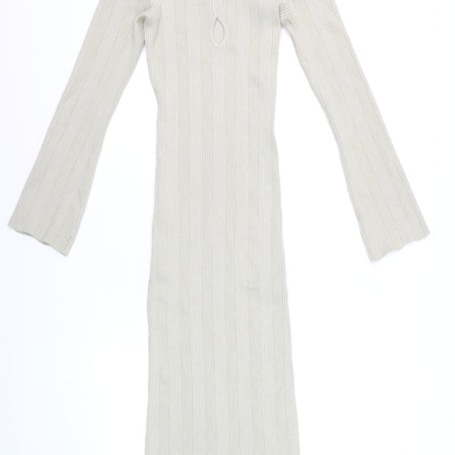 Pretty Lavish Women Beige Ribbed Knit Bodycon Midi Dress S