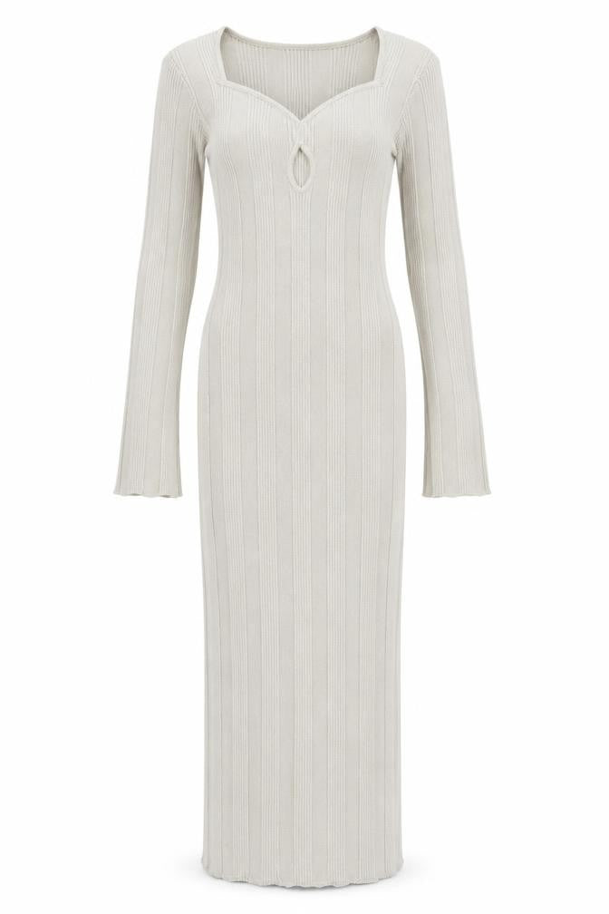 Pretty Lavish Women Beige Ribbed Knit Bodycon Midi Dress S