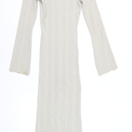 Pretty Lavish Women Beige Ribbed Knit Bodycon Midi Dress S