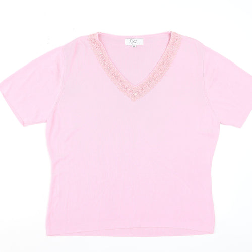 Klass Women Pink V-Neck Embroidered Short Sleeve Knit Top XL