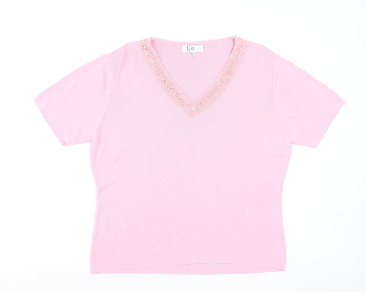 Klass Women Pink V-Neck Embroidered Short Sleeve Knit Top XL