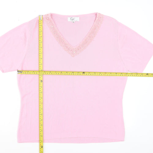 Klass Women Pink V-Neck Embroidered Short Sleeve Knit Top XL