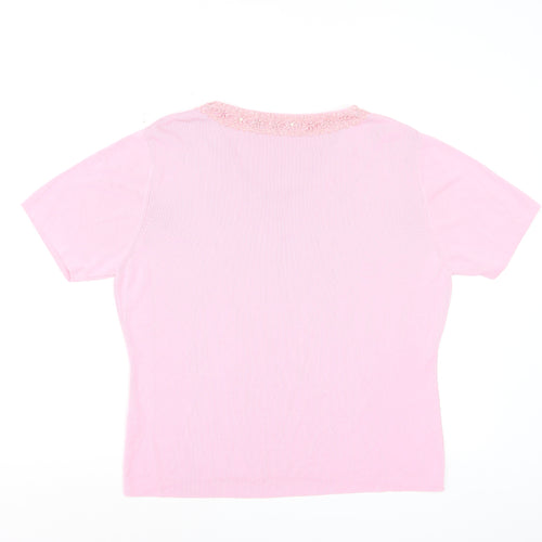Klass Women Pink V-Neck Embroidered Short Sleeve Knit Top XL