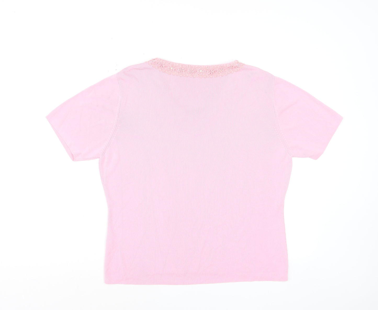 Klass Women Pink V-Neck Embroidered Short Sleeve Knit Top XL