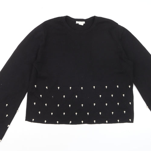 H&M Women Black Beaded Knit Jumper Size 14 Long Sleeve