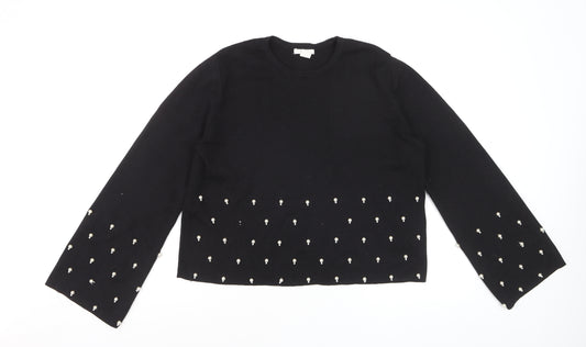 H&M Women Black Beaded Knit Jumper Size 14 Long Sleeve