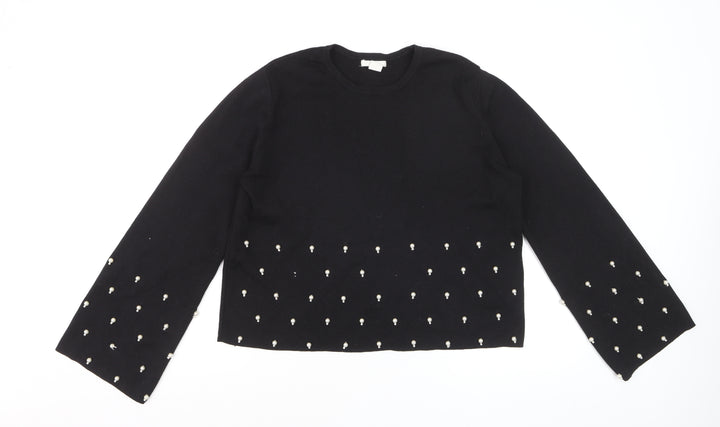 H&M Women Black Beaded Knit Jumper Size 14 Long Sleeve