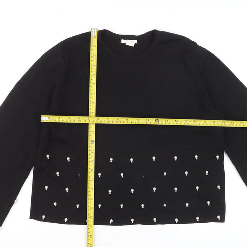 H&M Women Black Beaded Knit Jumper Size 14 Long Sleeve