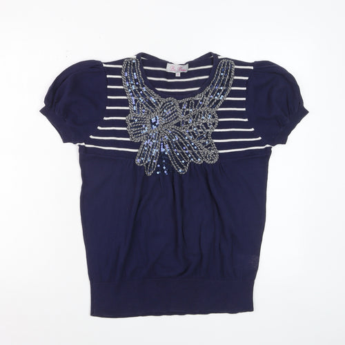 Be Beau Women’s Blue Striped Sequin Bow Short Sleeve Cotton Top Size 14