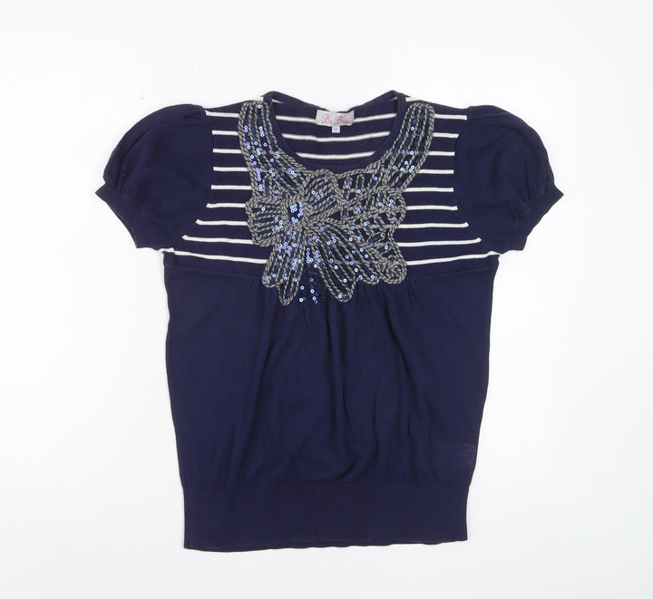Be Beau Women’s Blue Striped Sequin Bow Short Sleeve Cotton Top Size 14