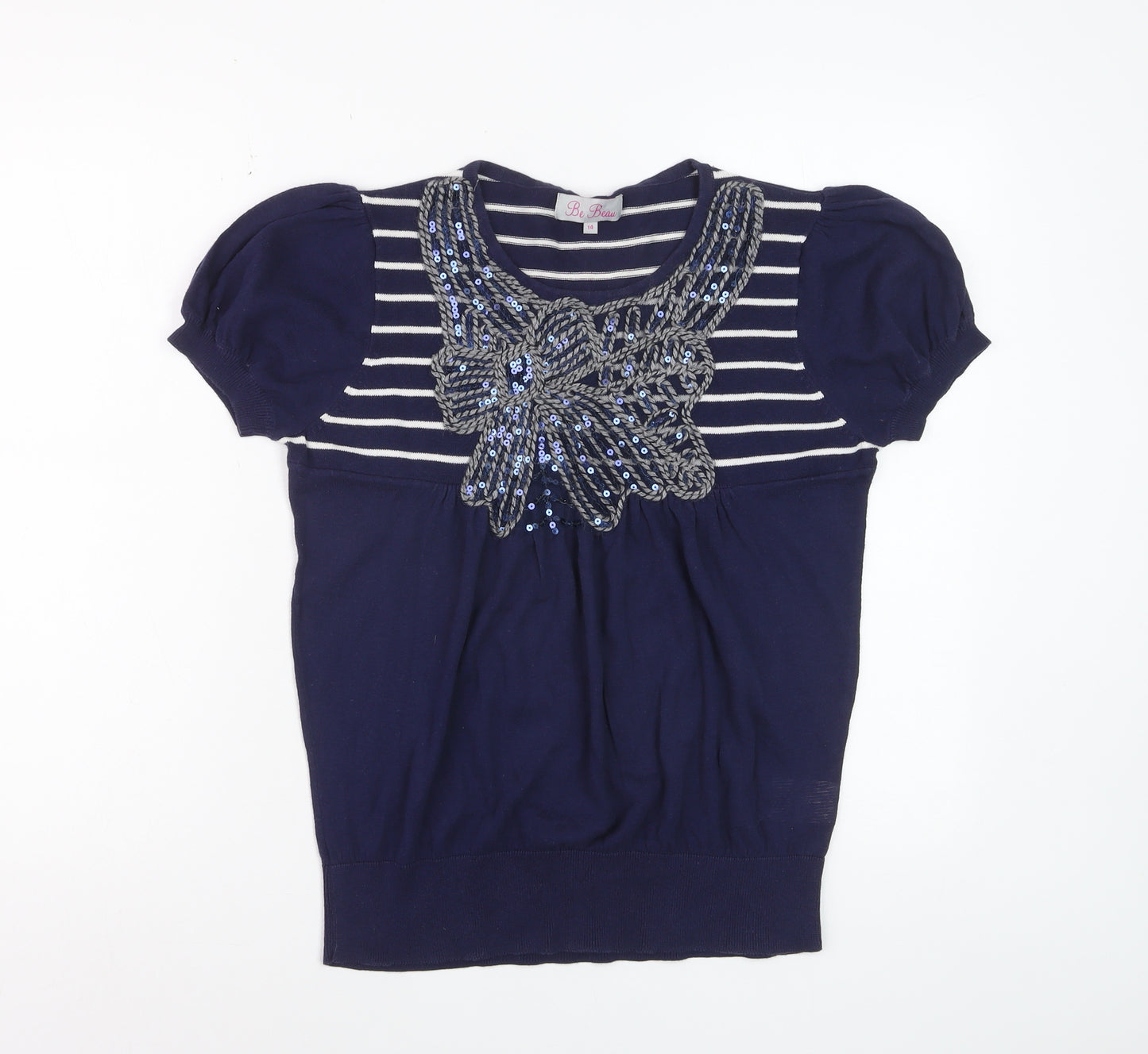 Be Beau Women’s Blue Striped Sequin Bow Short Sleeve Cotton Top Size 14