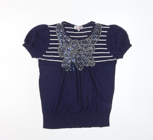 Be Beau Women’s Blue Striped Sequin Bow Short Sleeve Cotton Top Size 14