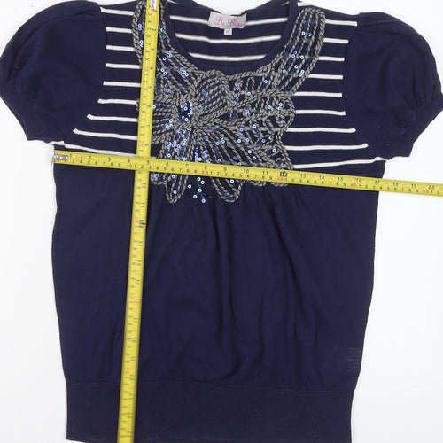 Be Beau Women’s Blue Striped Sequin Bow Short Sleeve Cotton Top Size 14