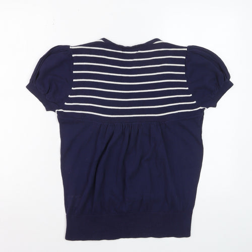Be Beau Women’s Blue Striped Sequin Bow Short Sleeve Cotton Top Size 14
