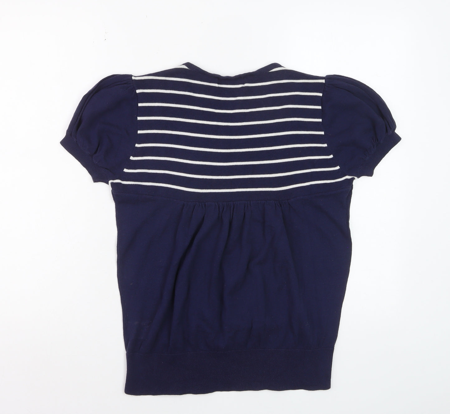 Be Beau Women’s Blue Striped Sequin Bow Short Sleeve Cotton Top Size 14