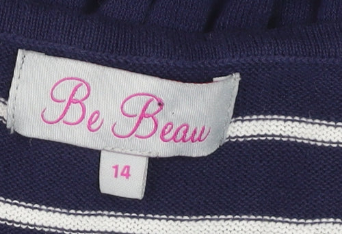 Be Beau Women’s Blue Striped Sequin Bow Short Sleeve Cotton Top Size 14