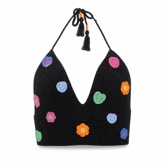 Front view of Urban Outfitters women’s black crochet halter flower crop top m