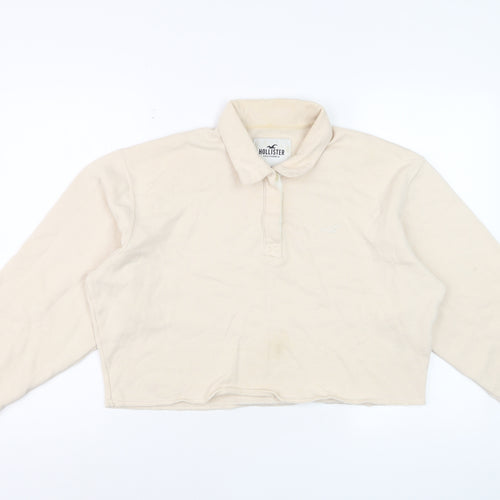 Hollister Women Beige Cropped Long Sleeve Polo Shirt S
