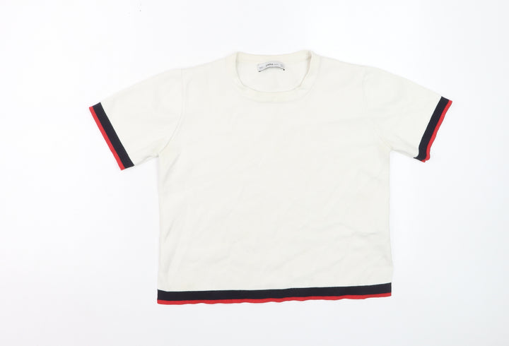 Zara Women Ivory Short Sleeve Knit T-Shirt Medium