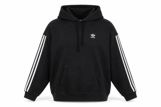 Front view of Adidas women’s black pullover hoodie, size UK 4, cotton long sleeve casual