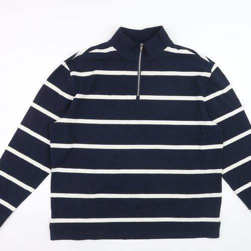 Marks and Spencer Men’s Blue Striped Half Zip Cotton Jumper Size L