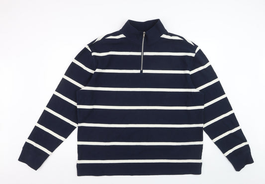 Marks and Spencer Men’s Blue Striped Half Zip Cotton Jumper Size L