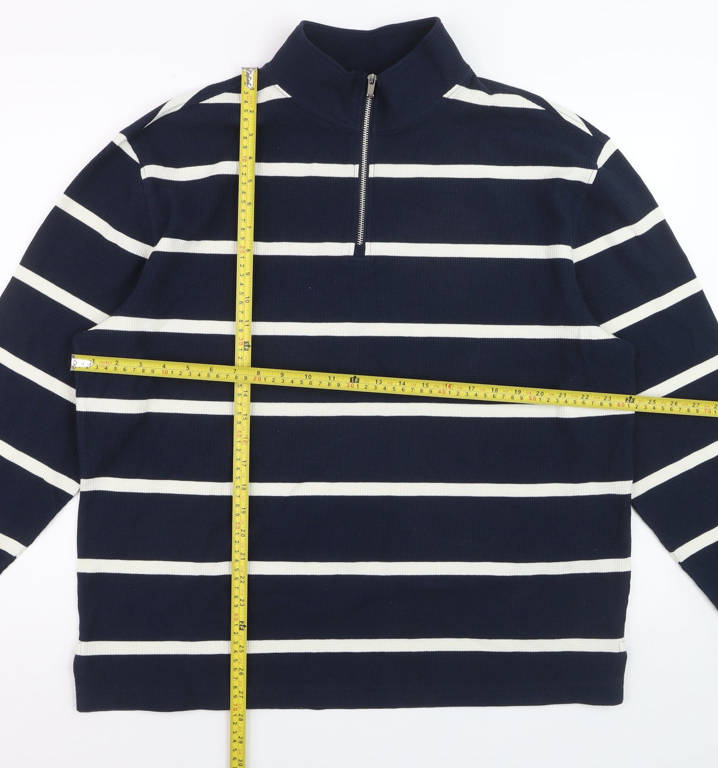 Marks and Spencer Men’s Blue Striped Half Zip Cotton Jumper Size L