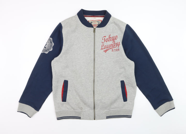 Tokyo Laundry Men's Grey & Navy Bomber Jacket Large Cotton Blend Zip Up