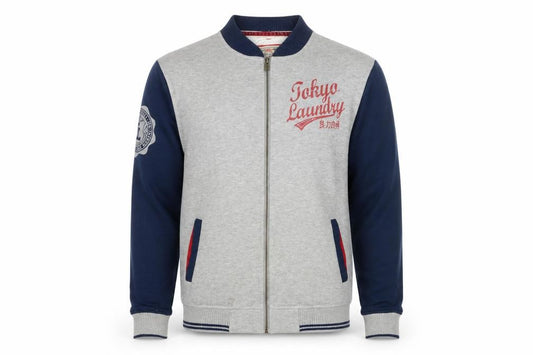 Tokyo Laundry Men's Grey & Navy Bomber Jacket Large Cotton Blend Zip Up