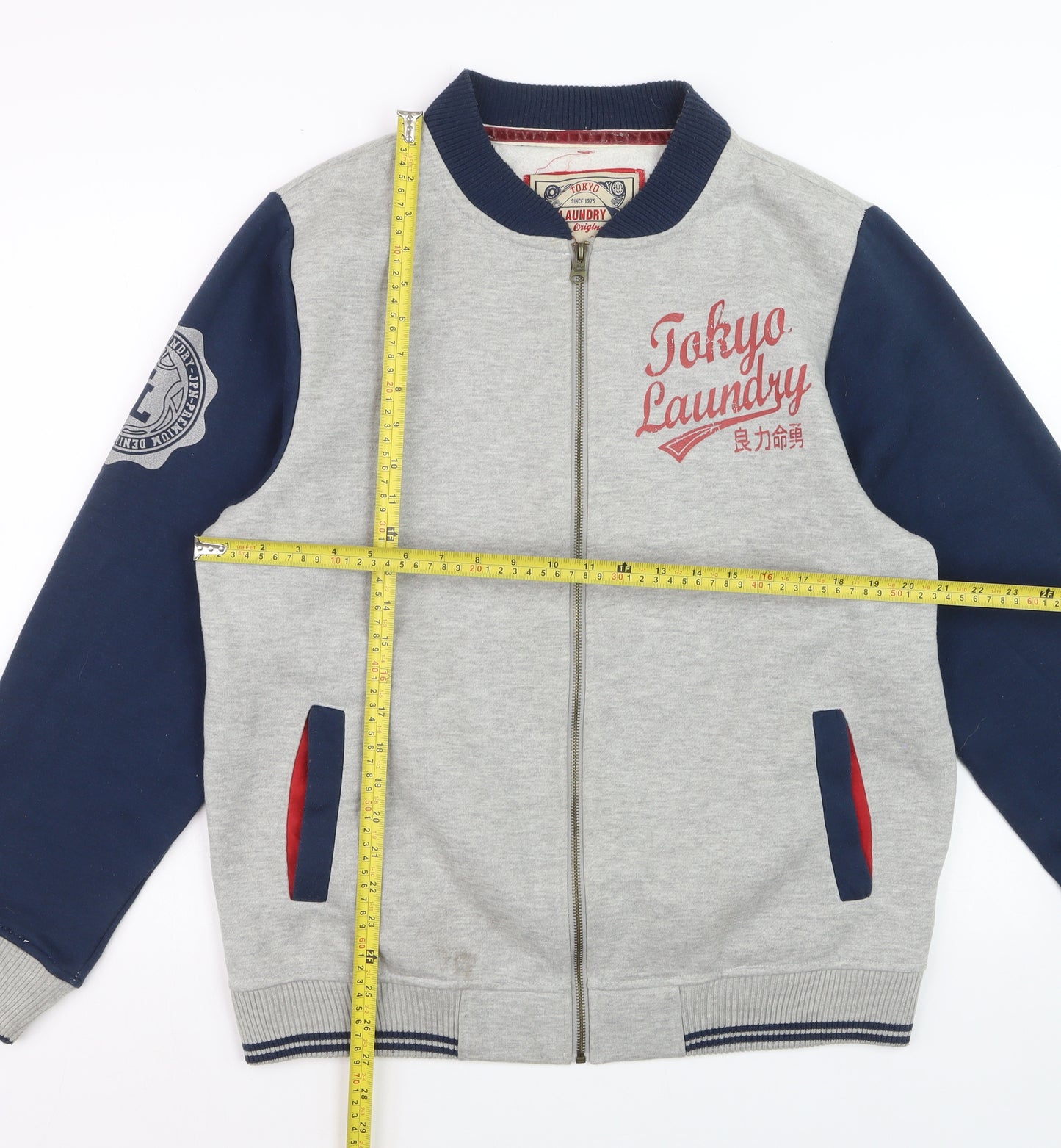 Tokyo Laundry Men's Grey & Navy Bomber Jacket Large Cotton Blend Zip Up