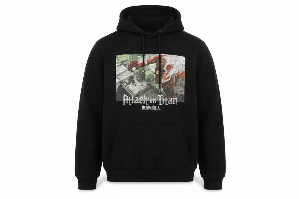 Front view of Bershka Men’s Black Attack on Titan Hoodie, size M, Pullover Anime Graphic